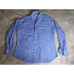 Ledbury Fine Shirting Checkered Button Up Dress Shirt Blue Men XL Slim Fit